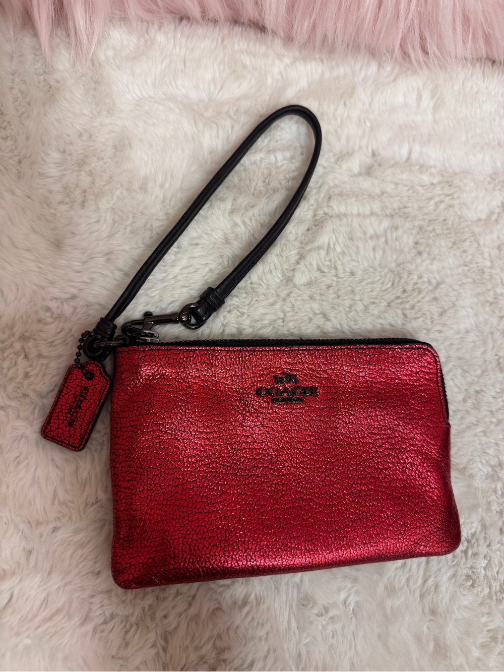 Coach Metallic Red Wristlet Clutch with Black Strap